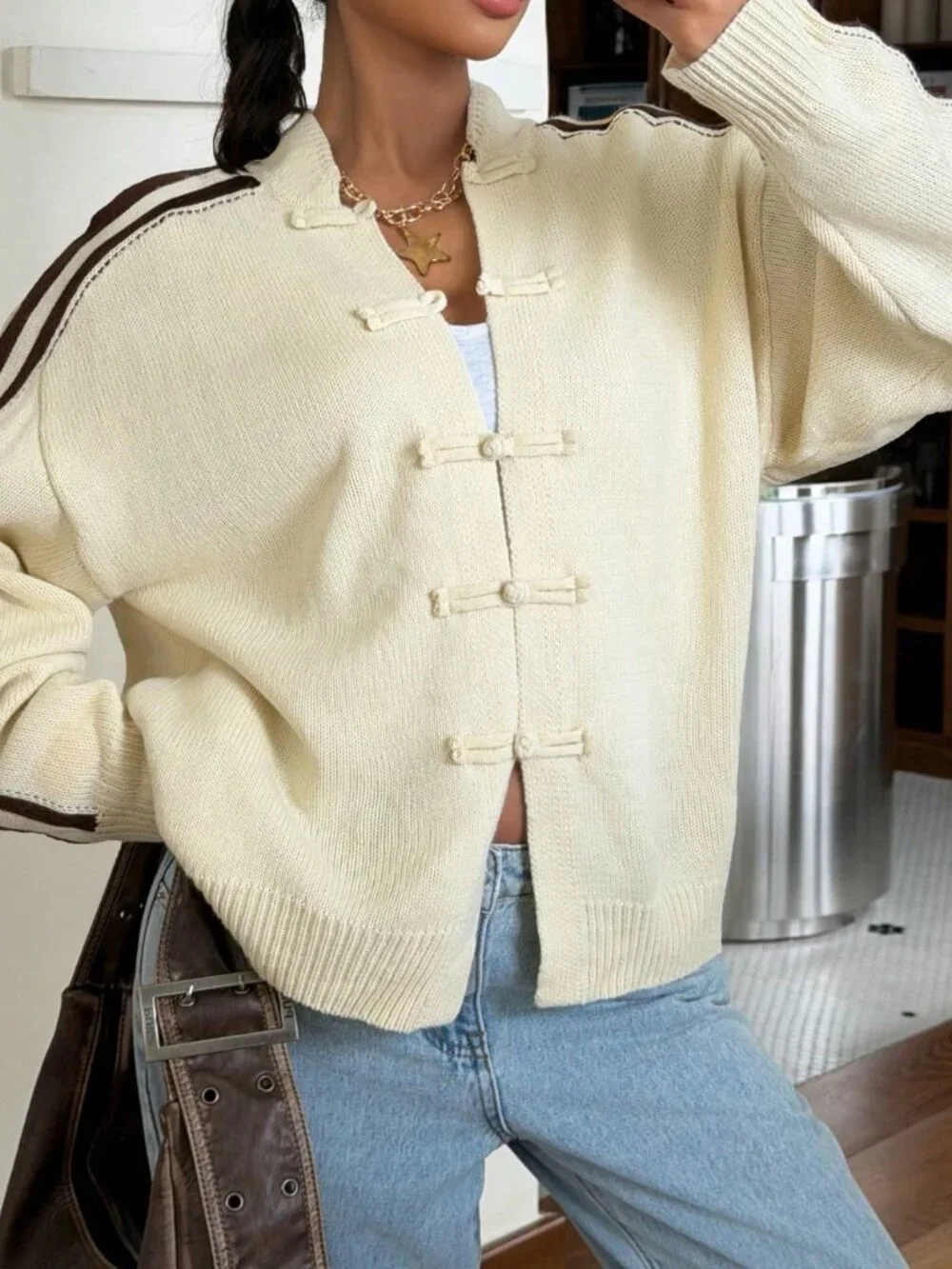 Apricot Casual Women's Frog Button Long Sleeve Cardigan